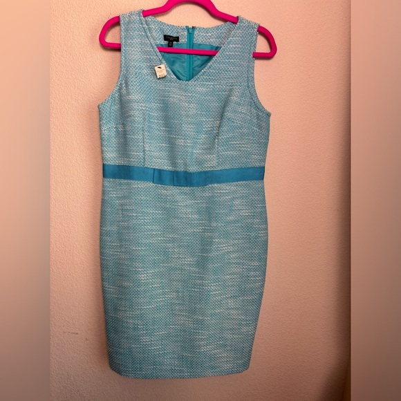 NWT Talbots Blue and White Tweed Structured Ribbon Bow Waist Shift Dress 14P - Picture 2 of 11
